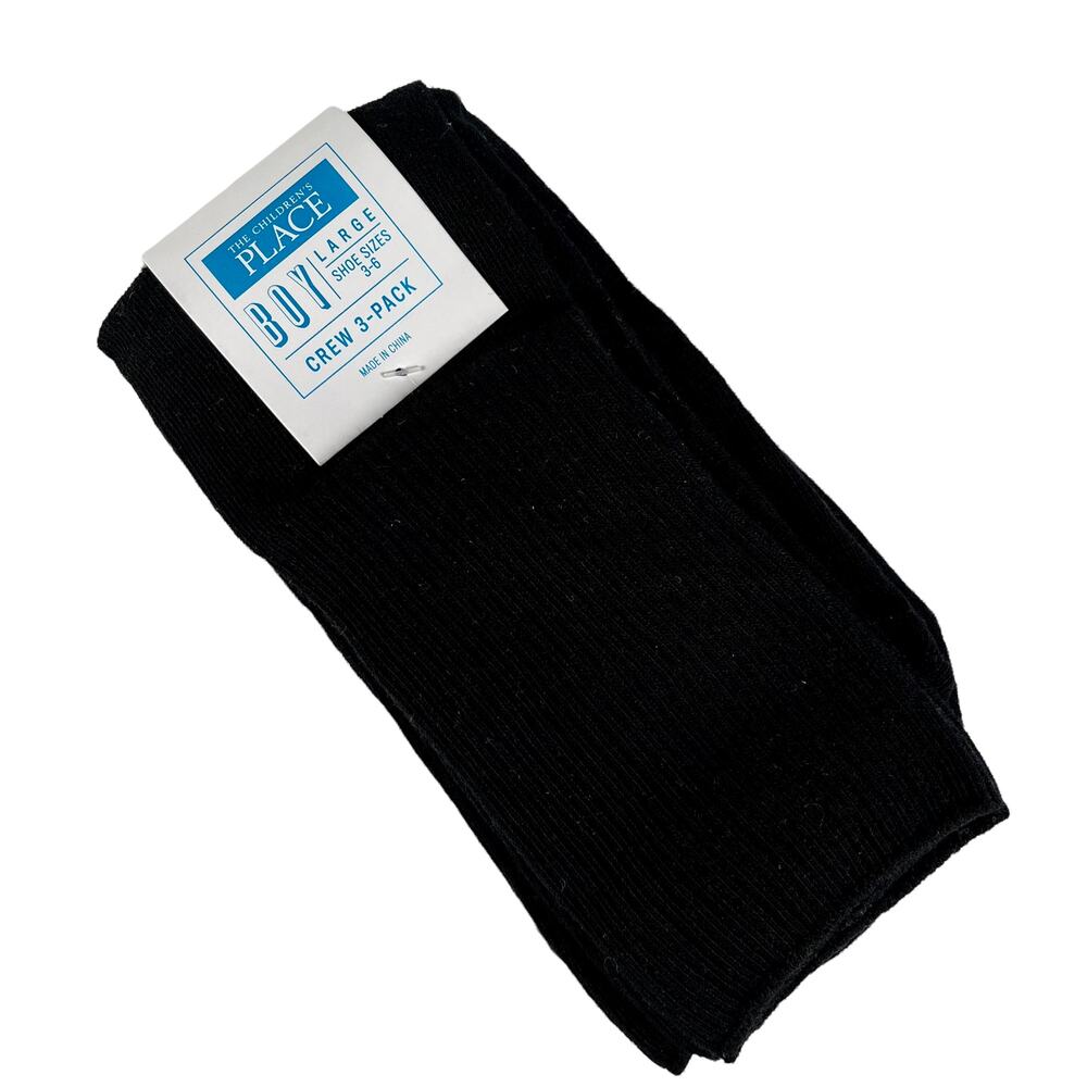 The Children’s Place Boy Crew Socks 3-Pack Black Large Shoe Sizes 3 to 6